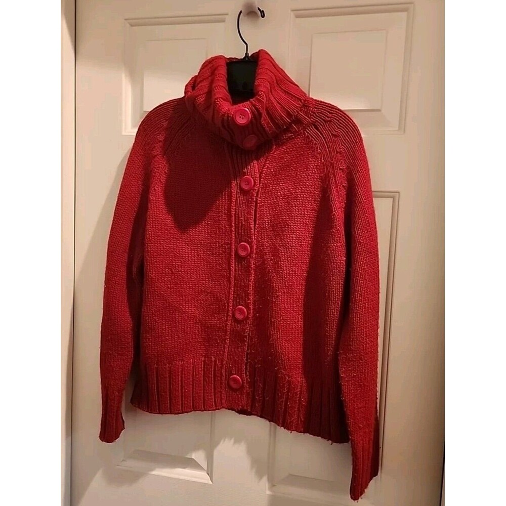 Carol Rose Knit Red Cardigan Sweater Women  Size M Cowell Neck